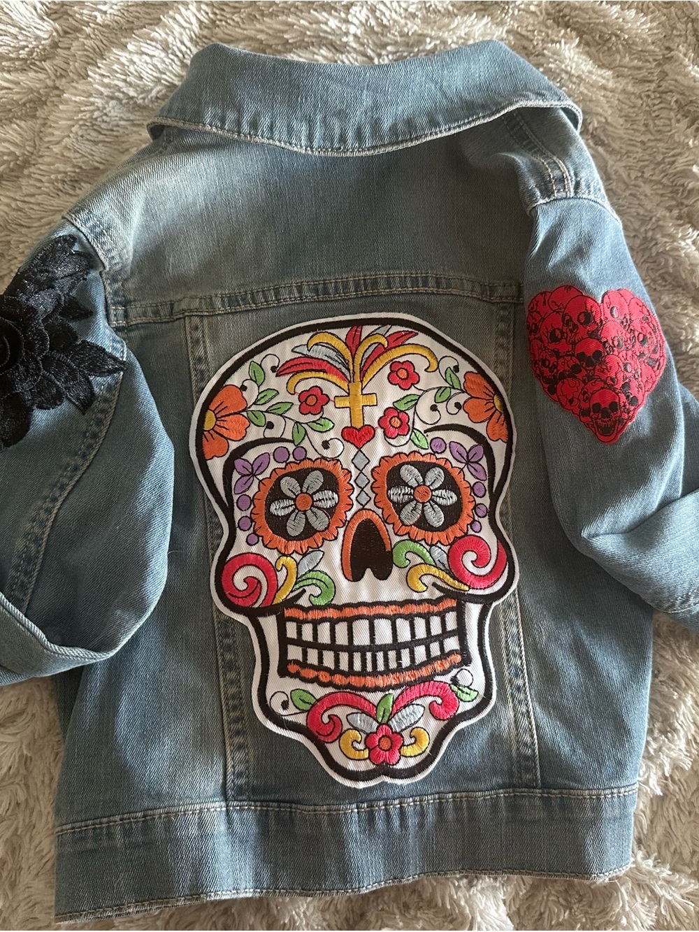 Girls Light Blue Denim Jacket with Colorful Sugar Skull Patch